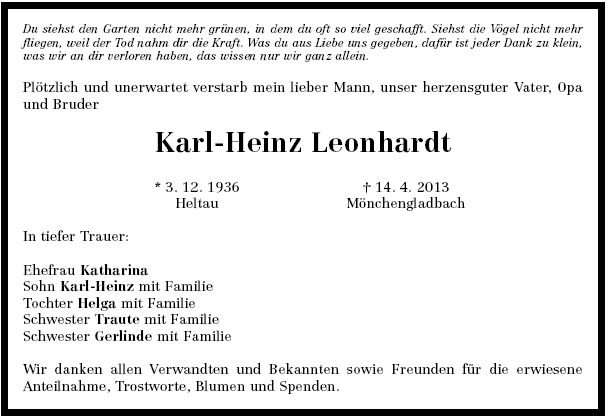 Leonhardt Karl Heinz 1936-2013 Todesanzeige